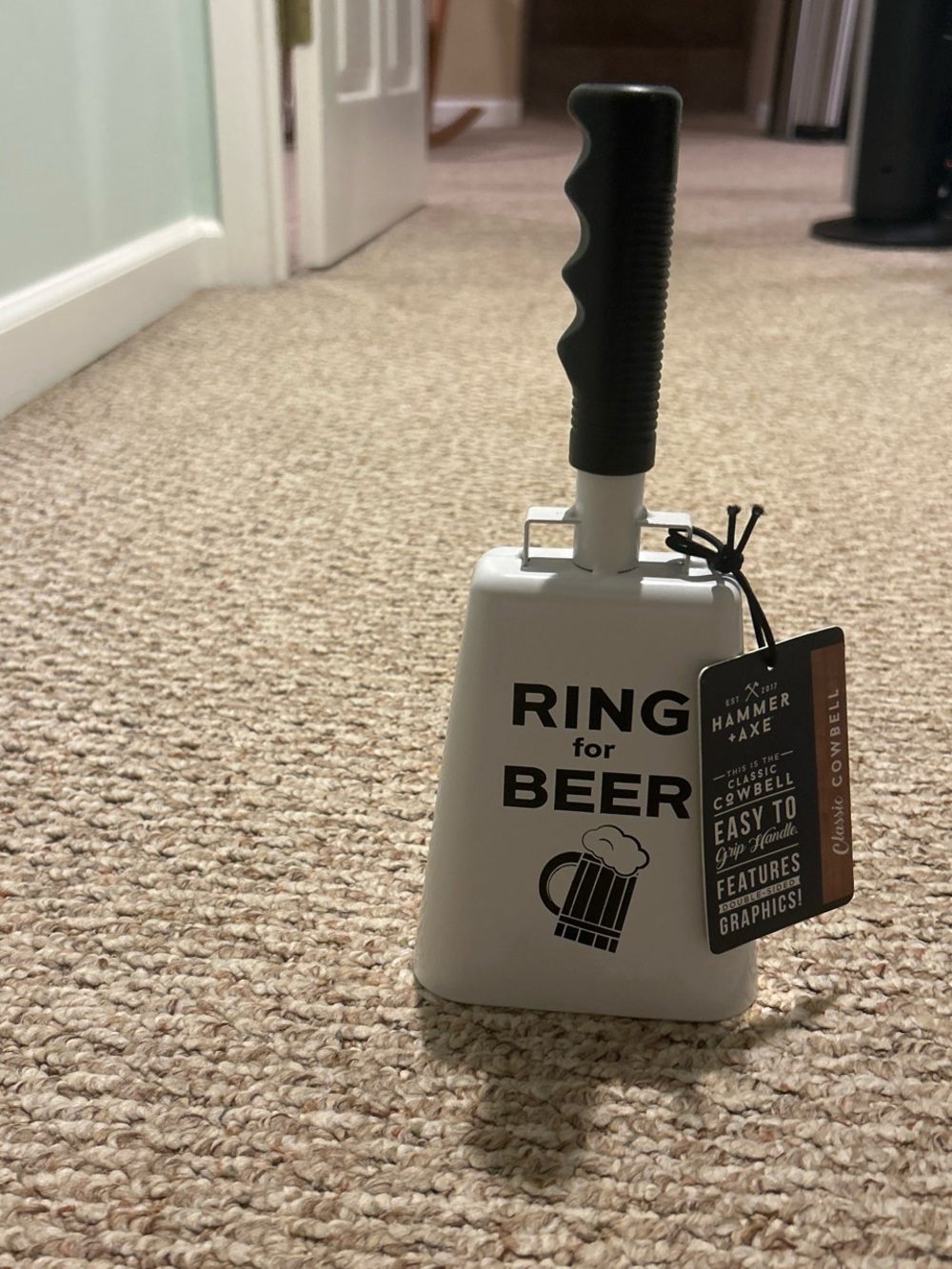 Ring for Beer White Metal Cowbell with Black Handle